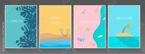 Colorful Summer banners, tropical backgrounds set with palms, leaves, sea, sky, beach colors. Beautiful Summer Time cards, posters, flyers, party invitations. Summertime flat  template collection