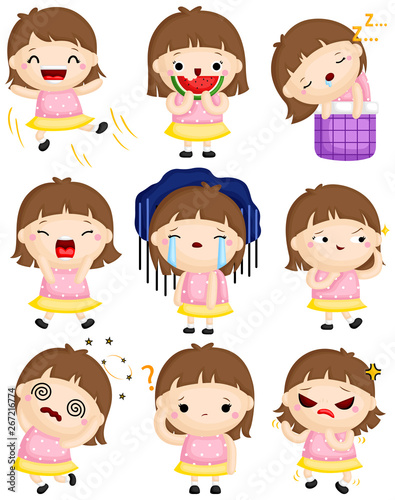 A Vector Set of Cute Little Girl Expressing Many Emotions with Her Faces