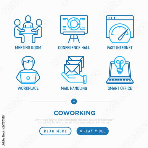 Coworking office thin line icons set: meeting room, conference hall, workplace, mail handling, smart office. Vector illustration.