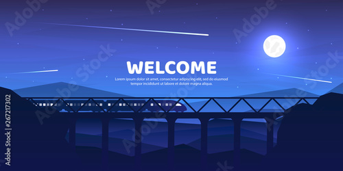 The train goes by the bridge. Vector illustration. Landscape in a flat style.