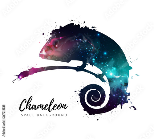 Artistic silhouette of animal chameleon on open space background.