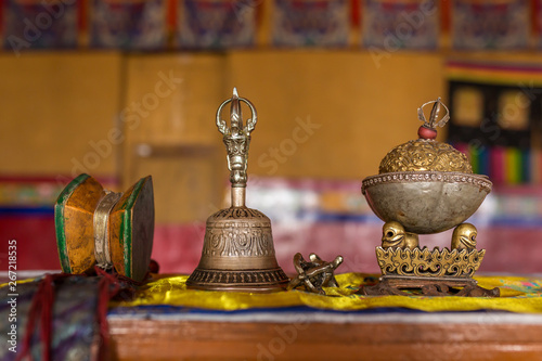 Closeup of the ceremonial objects in tibetan buddhist monastery in Ladakh