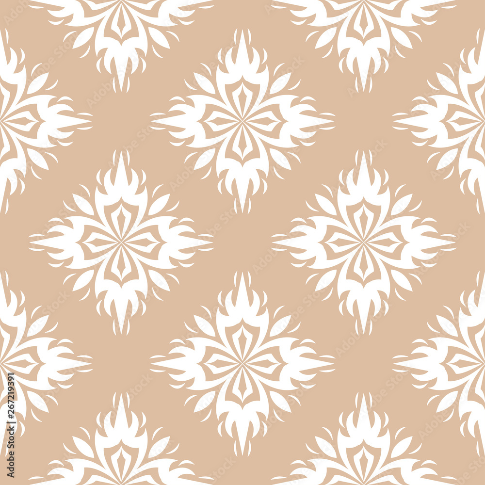 White seamless pattern on brown beige background. Floral design