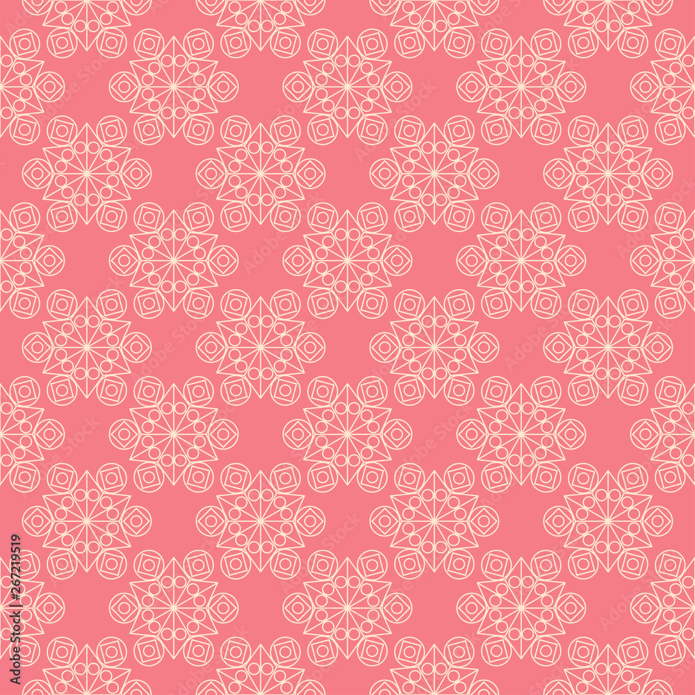 Seamless geometric pattern. Beige mixed geometric shapes on pink background