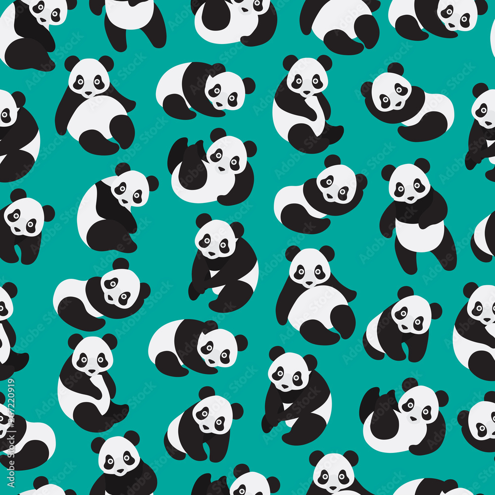 Cute panda seamless pattern on green background. Cute panda seamless pattern on green background.