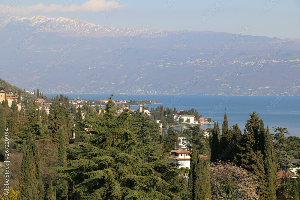 Panorama of Garda Lake from Vittoriale degli Italiani, Gardone Riviera, Italy.