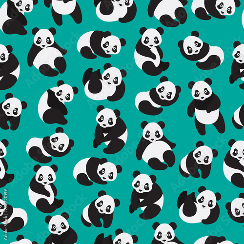 Cute panda seamless pattern on green background. 