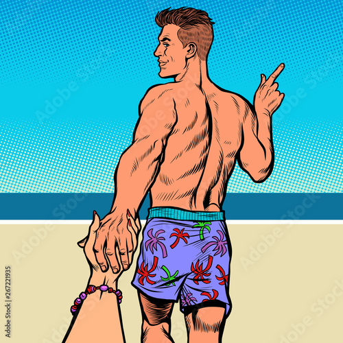 follow me. tourism and recreation at sea concept, man and woman on the beach