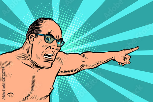 an angry man with a naked torso points