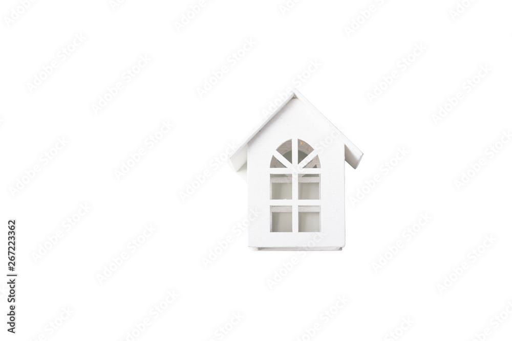 White wooden toy house isolated on white background White wooden toy house isolated on white background