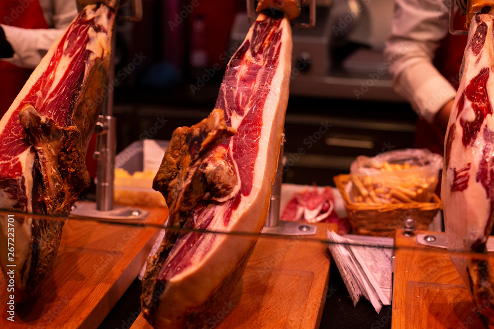 spanish traditional iberico jamon premium meat on the famous market