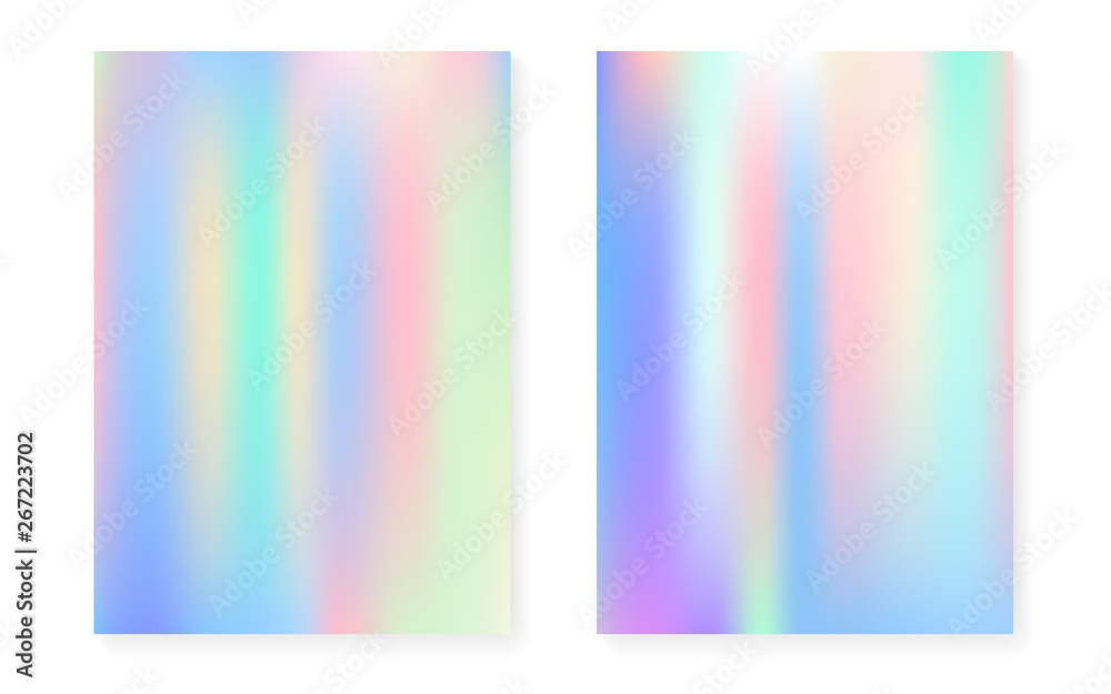 Holographic cover set with hologram gradient background. 90s, 80s retro style. Pearlescent graphic template for placard, presentation, banner, brochure. Futuristic minimal holographic cover.
