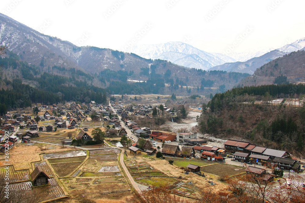 Panoramic view of historic Shirakawa-go village in spring. Japan
