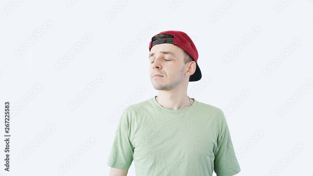 the man, in the blank red, baseball cap, snapback on a white background, mockup, free space, logo presentation , template for print, design the man, in the blank red, baseball cap, snapback on a white background, mockup, free space, logo presentation , template for print, design