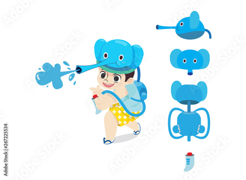 Kid funny play with elephant water gun in Songkran day Thailand festival.Charater child desgin with  water gun prop design vector illustration