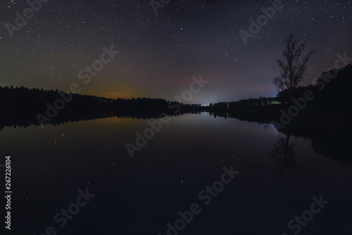 star lake sky forest reflection