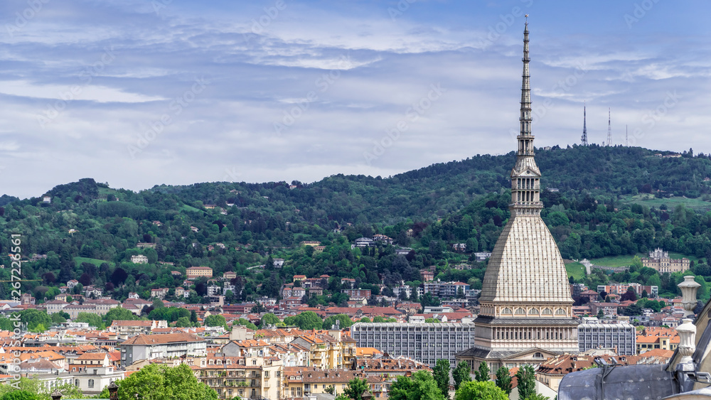Turin, Torino, aerial timelapse skyline panorama with Mole Antonelliana, Monte dei Cappuccini and the Alps in the background. Italy, Piemonte, Turin.