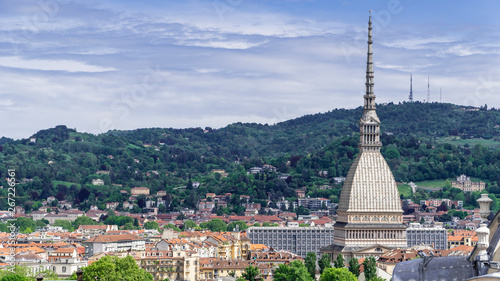 Turin, Torino, aerial timelapse skyline panorama with Mole Antonelliana, Monte dei Cappuccini and the Alps in the background. Italy, Piemonte, Turin.