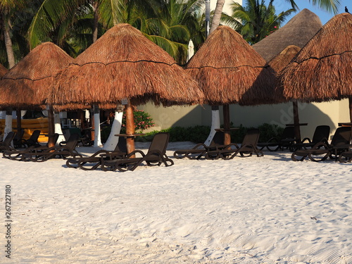 Sunbath places under umbrella and palm trees on exotic sandy beach in Cancun city in Mexico on March photo