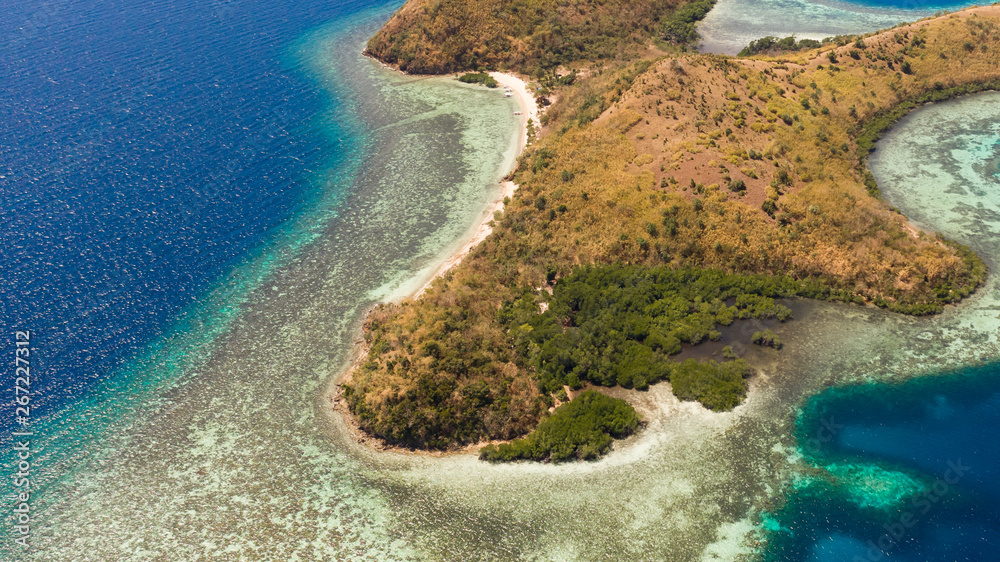 Obraz premium tropical island with coral reefs. Philippine Islands in clear weather aerial view.Philippines, Palawan