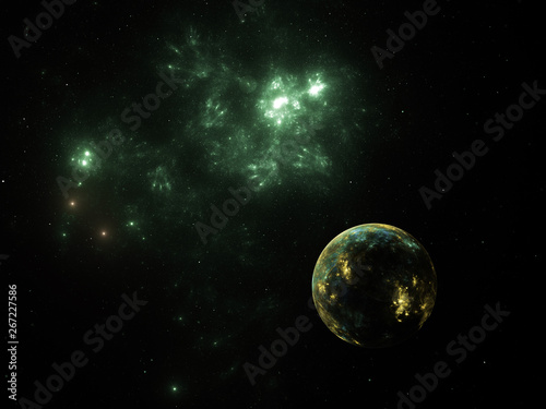 Fototapeta Naklejka Na Ścianę i Meble -  Starfield, stars and space dust scattered throughout a vast universe. Alien Planet Illustration, cosmic abstract artwork. Infinite endless space, interplanetary travel deep space exploration