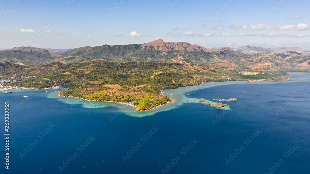 Seascape in the Philippines. Sea coast with mountains and islands aerial view.Philippines, Palawan