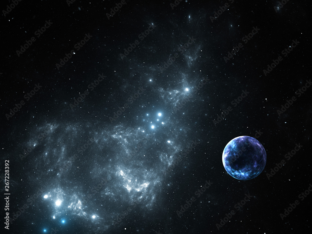 Starfield, stars and space dust scattered throughout a vast universe. Alien Planet Illustration, cosmic abstract artwork. Infinite endless space, interplanetary travel deep space exploration