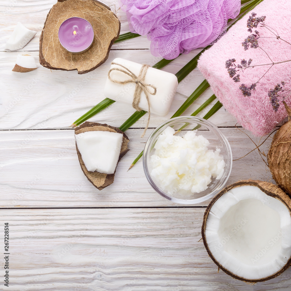 Flat lay Body care Coconut oil soap and candle set on white table Flat lay Body care Coconut oil soap and candle set on white table
