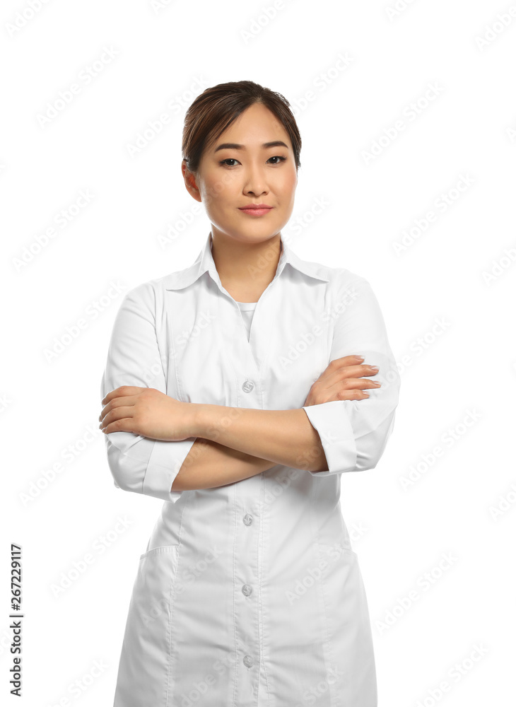 Professional masseuse in spa uniform on white background Professional masseuse in spa uniform on white background