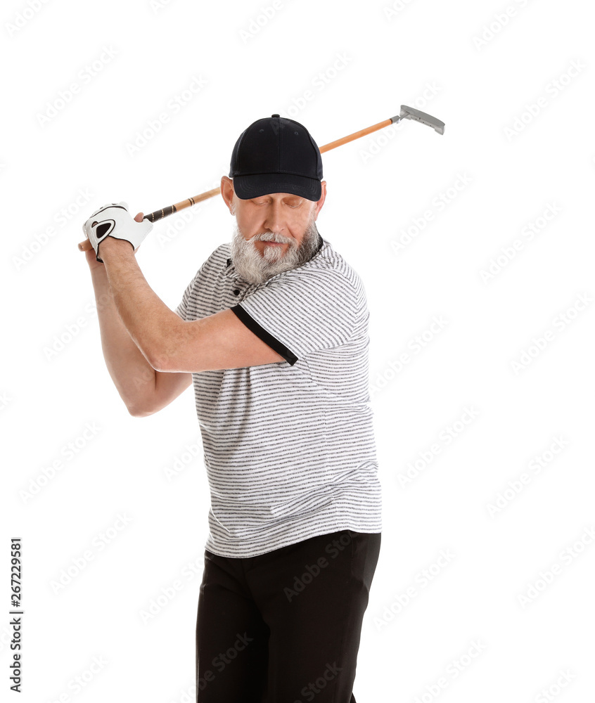 Senior man playing golf on white background Senior man playing golf on white background