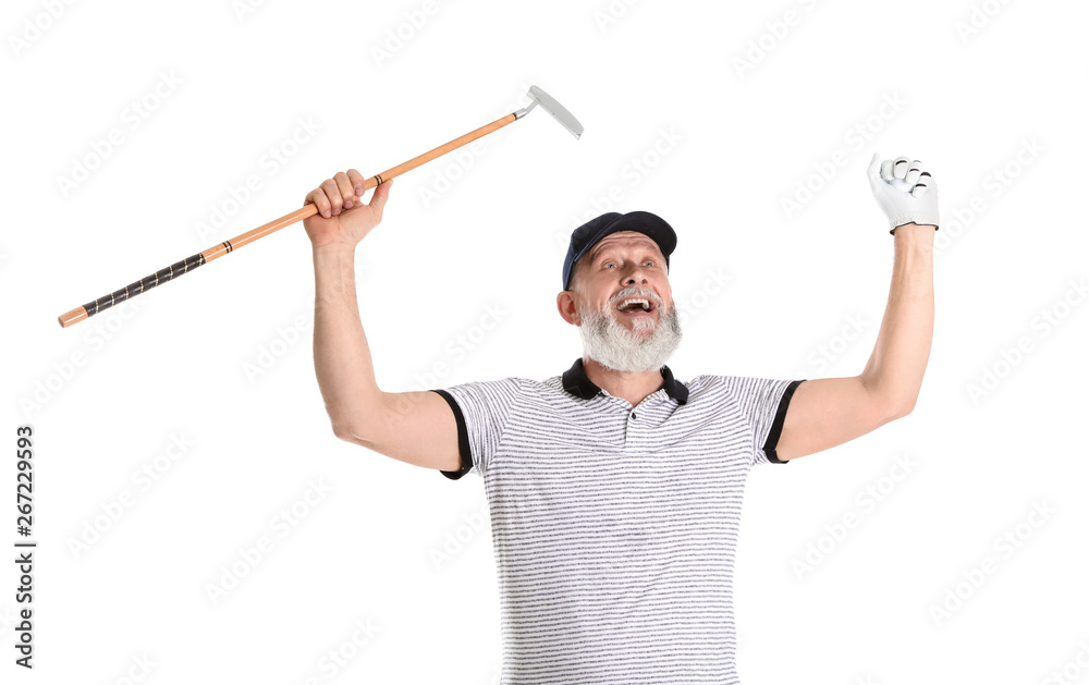 Senior man with golf club on white background Senior man with golf club on white background
