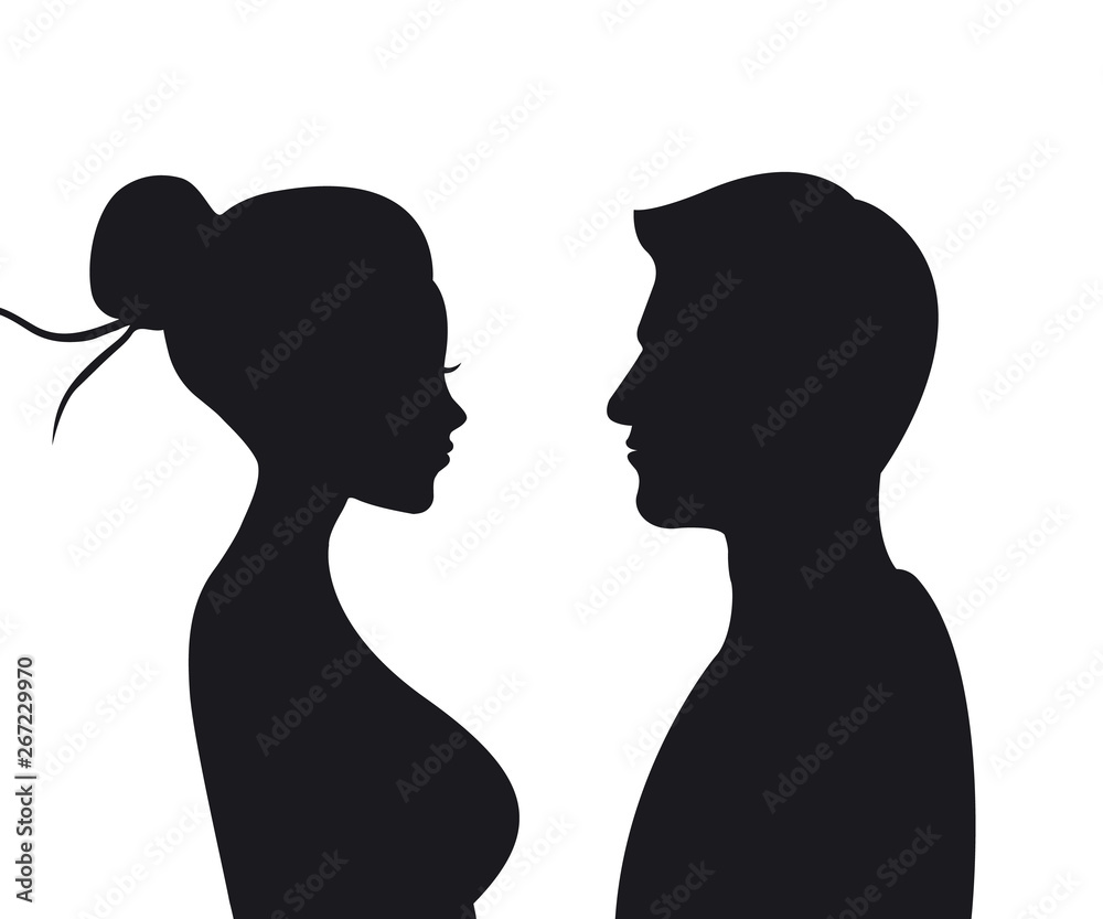 Male and female silhouettes opposite each other, isolated vector.