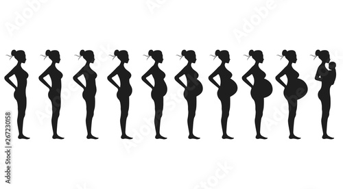 Stages of pregnancy of the woman. A profile full growth it is isolated on a white background.Changes in a woman's body in pregnancy.