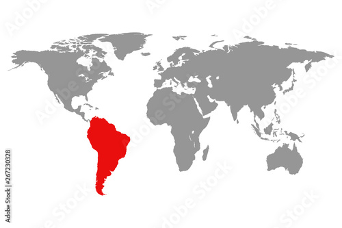 World map and highlighted South America red color.