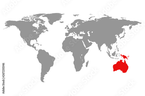 Fototapeta Naklejka Na Ścianę i Meble -  Australia continent red marked in grey silhouette of World map. Simple flat vector illustration.