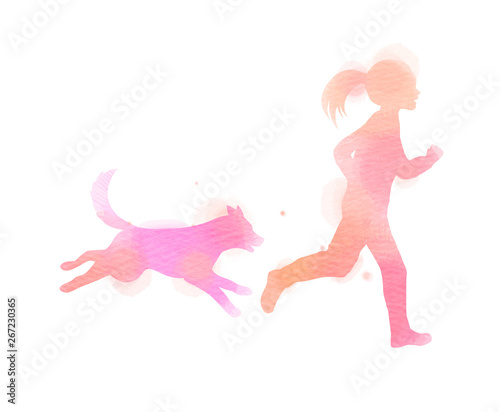 Girl running with dog silhouette on watercolor background. The concept of trust, friendship and pet care. Digital art painting. Vector illustration.