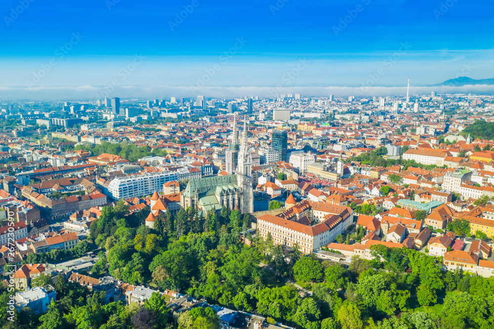 Zagreb, capital of Croatia, city center aerial view from drone, cathedral, Ribnjak park and Upper town