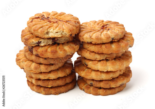 Biscuits with whole-wheat flour. Crunchy, grains on white background