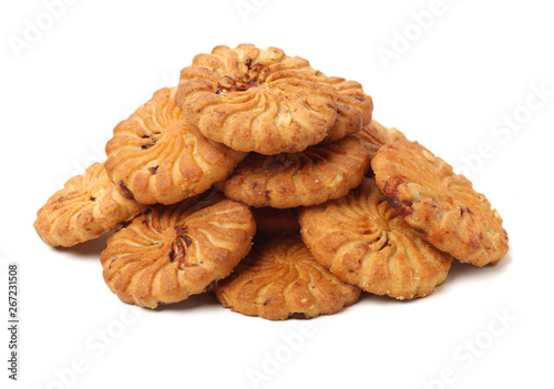 Biscuits with whole-wheat flour. Crunchy, grains  on white background