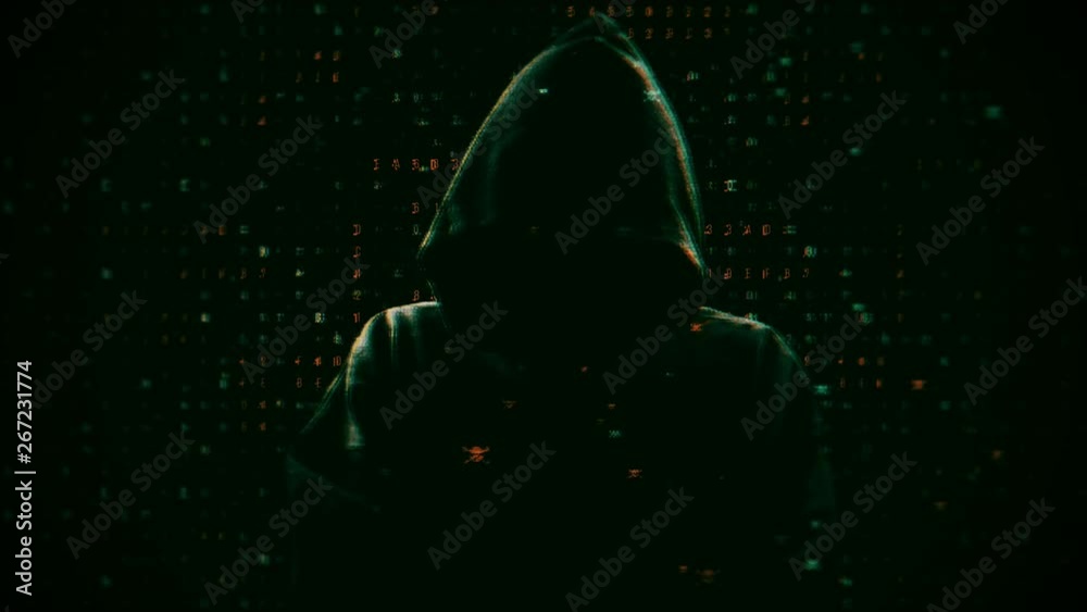 Green silhouette of a hacker on the background of binary code and pirate red skulls