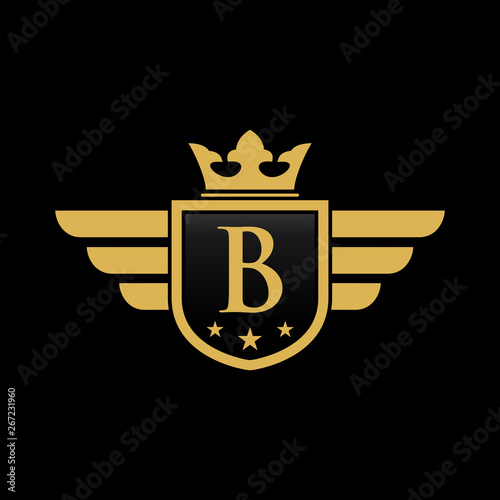 B initial wing with shield and crown, Luxury logo design vector