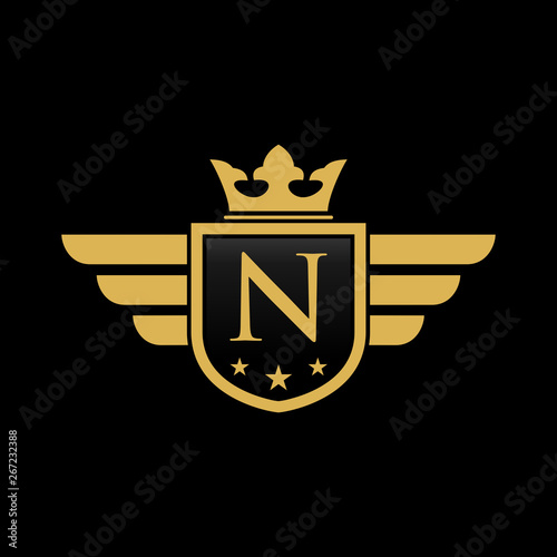 N initial wing with shield and crown, Luxury logo design vector