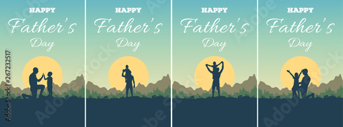 Set of greeting card with lettering Happy Father's Day and silhouette of father and son on background of adventure landscape with mountains, forest, sun and sky. Dad and child in nature at sunset.