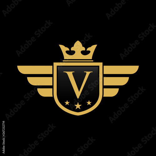 V initial wing with shield and crown, Luxury logo design vector