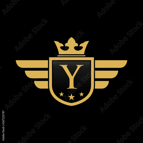 Y initial wing with shield and crown, Luxury logo design vector