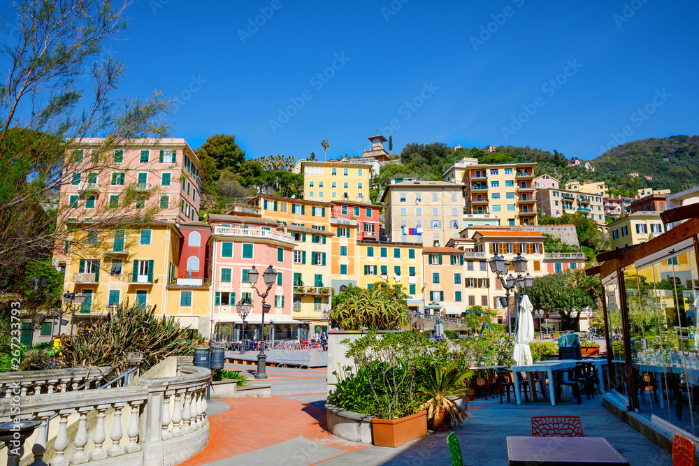 Breathtaking view of Liguria region in Italy. Awesome villages of Zoagli, Cinque Terre and Portofino. Beautiful Italian city with colorful houses.