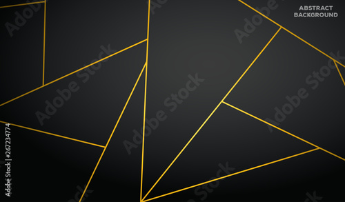 Abstract 3d background with black paper layers. Vector geometric illustration of carbon sliced shapes textured with golden glittering dots. Graphic design element. Elegant decoration