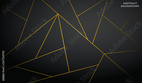 Abstract 3d background with black paper layers. Vector geometric illustration of carbon sliced shapes textured with golden glittering dots. Graphic design element. Elegant decoration
