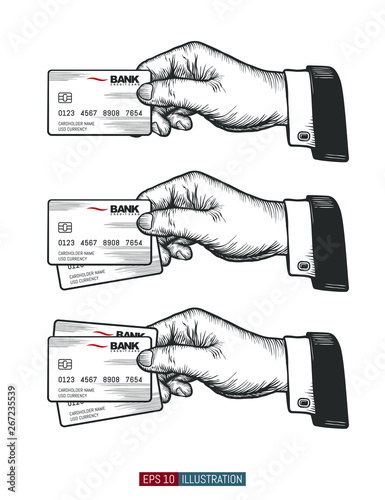 Hand drawn hand holding bank card.  Template for your design works. Engraved style vector illustration.