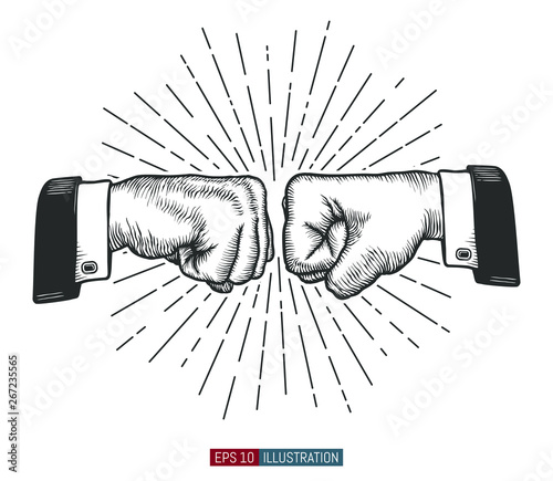 Hand drawn hand gesture. Fist to fist symbol. Linear vintage style sun rays background. Template for your design works. Engraved style vector illustration.